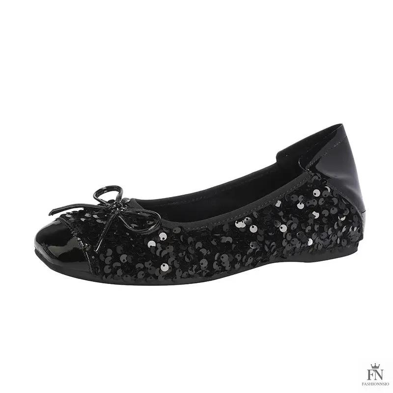 Bow Glittery Sequin Flats - Fashionnsio