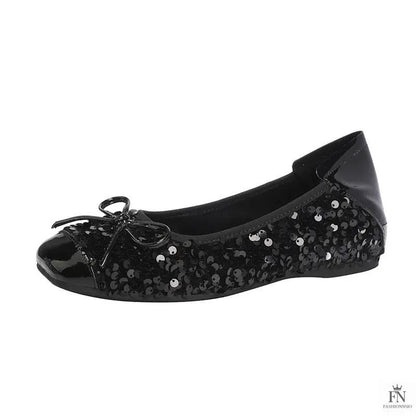Bow Glittery Sequin Flats - Fashionnsio