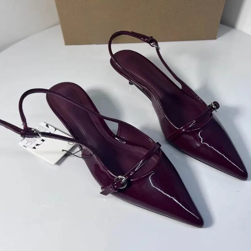 Cherry Red  Buckle Strap Pointed Heels fashionnsio