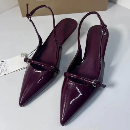 Cherry Red  Buckle Strap Pointed Heels fashionnsio