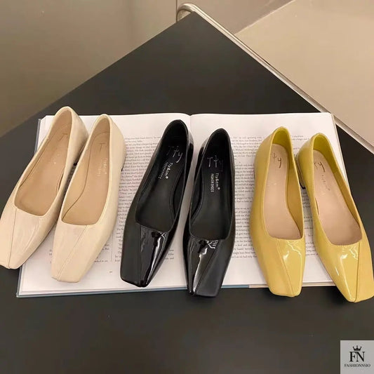 Square Toe Glossy Women Flats - Fashionnsio