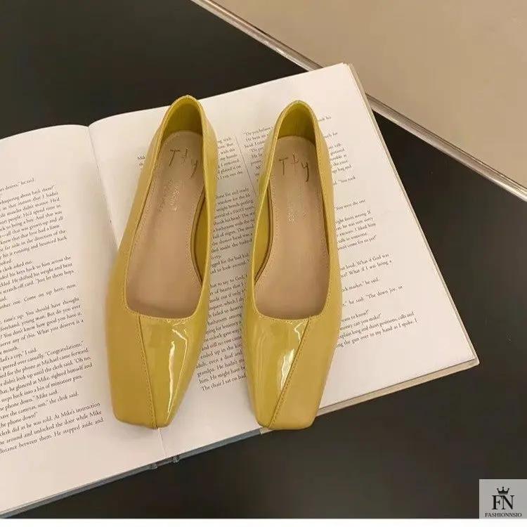 Square Toe Glossy Women Flats - Fashionnsio