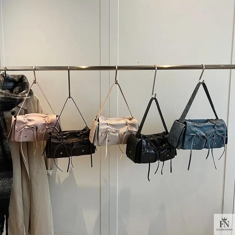 Bow Pleated Drawstring Shoulder Bags - Fashionnsio