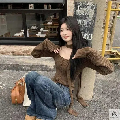 Knitted Button Sweater Top With Scarf - Fashionnsio