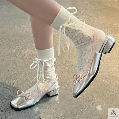 Square Toe Bow Flat Sandals - Fashionnsio