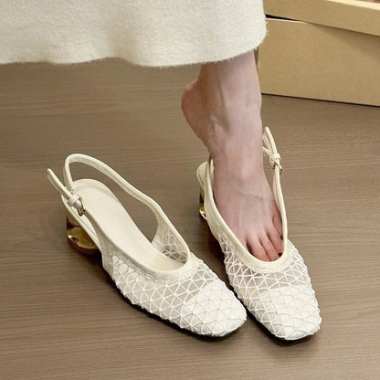 Square Toe Lace Flat Sandals - Fashionnsio
