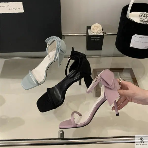 Square Toe Satin Bow Heels - Fashionnsio