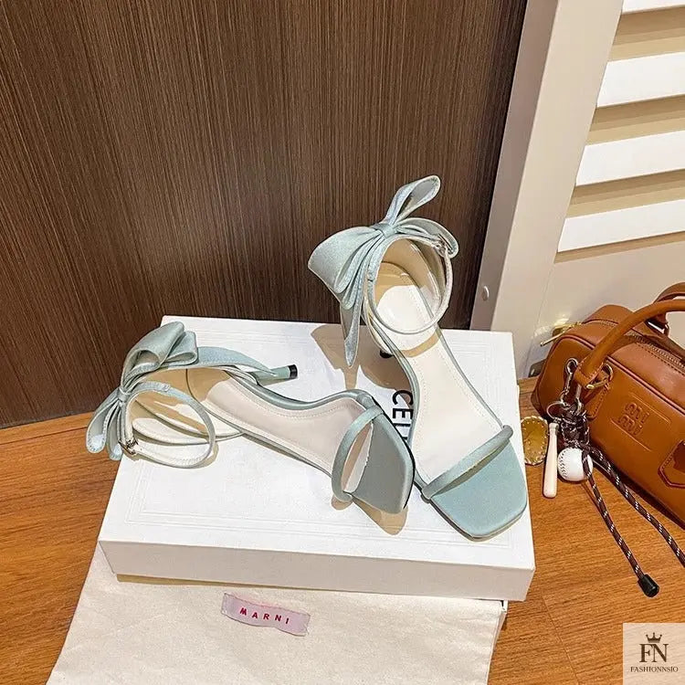 Square Toe Satin Bow Heels - Fashionnsio