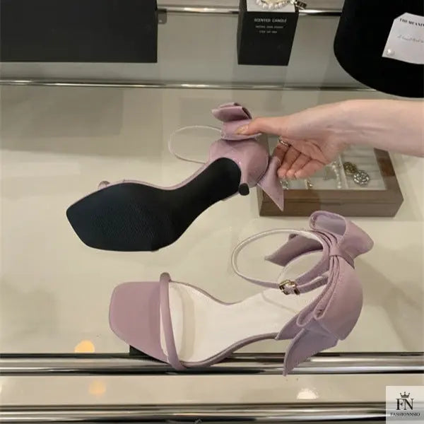 Square Toe Satin Bow Heels - Fashionnsio