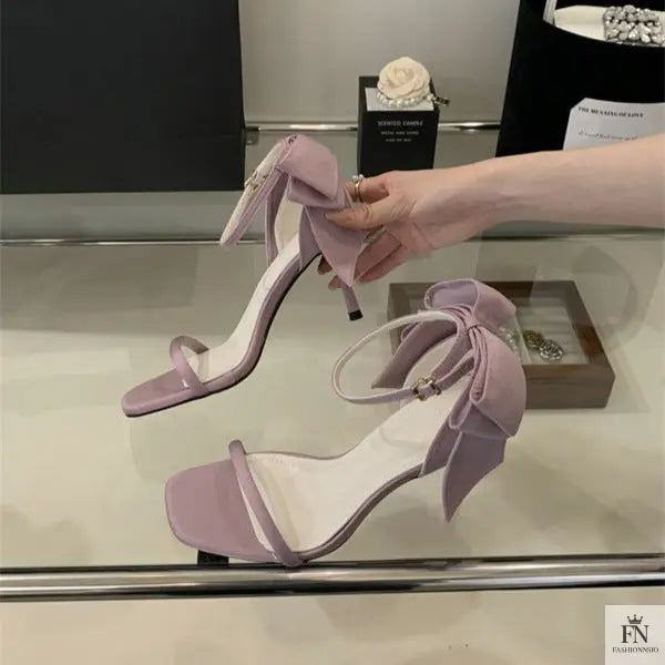 Square Toe Satin Bow Heels - Fashionnsio