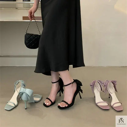 Square Toe Satin Bow Heels - Fashionnsio