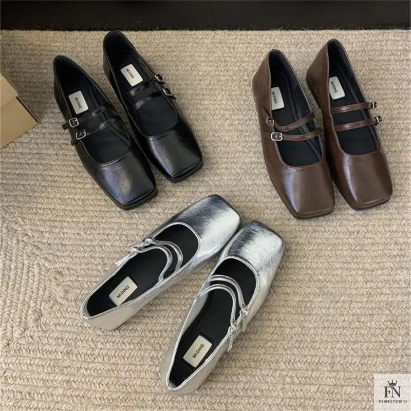 Square Toe Strap Women Flats - Fashionnsio