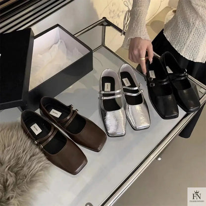 Square Toe Strap Women Flats - Fashionnsio