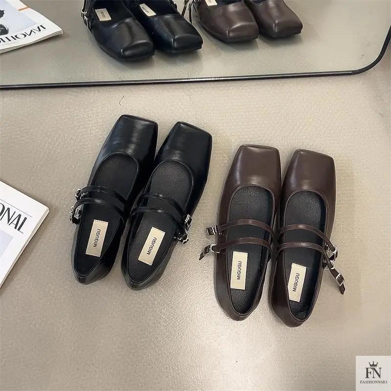 Square Toe Strap Women Flats - Fashionnsio