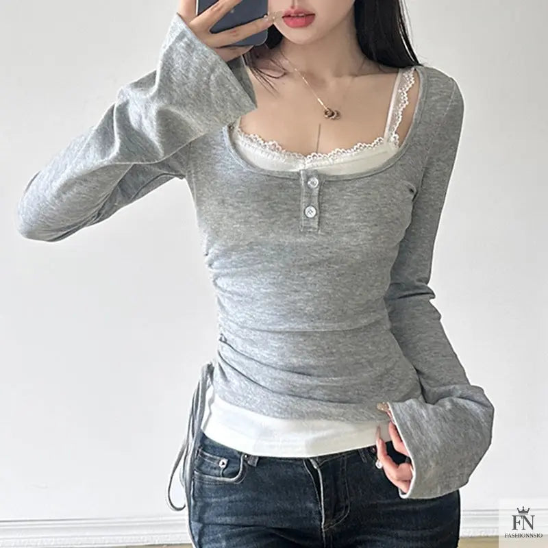 Drawstring Two-piece Long Sleeve Top - Fashionnsio