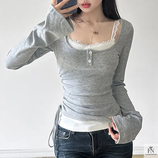 Drawstring Two-piece Long Sleeve Top - Fashionnsio