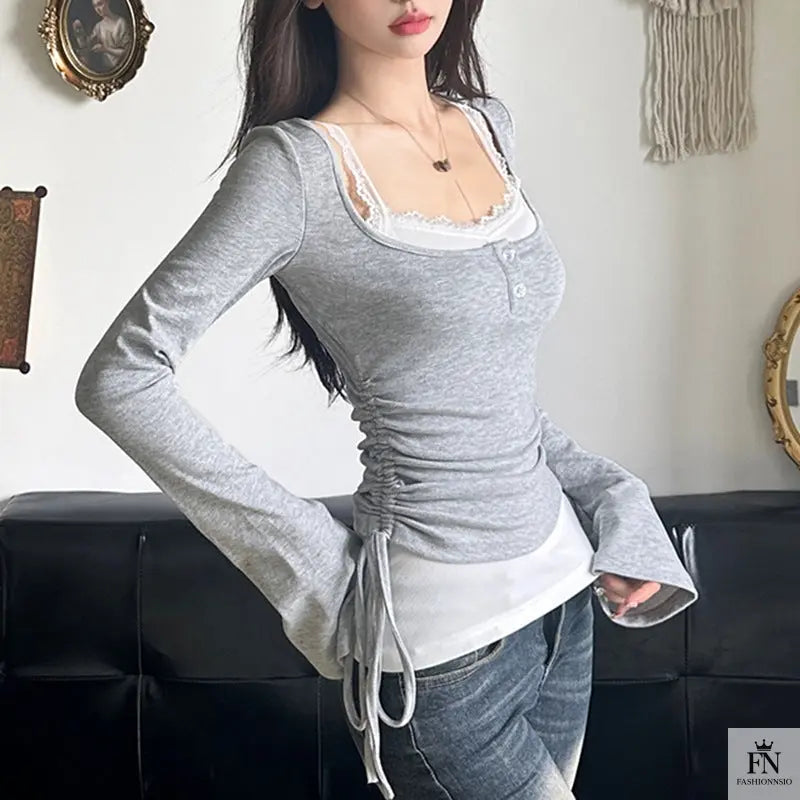 Drawstring Two-piece Long Sleeve Top - Fashionnsio