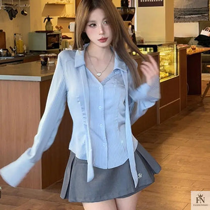 Striped Fitted Shirt Top With Tie - Fashionnsio