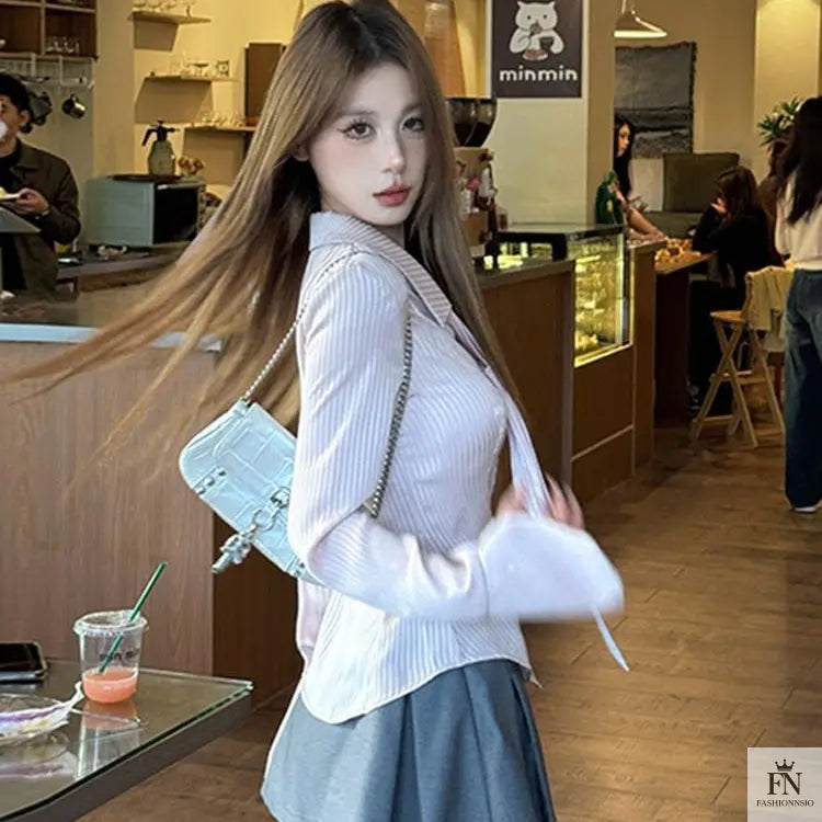 Striped Fitted Shirt Top With Tie - Fashionnsio