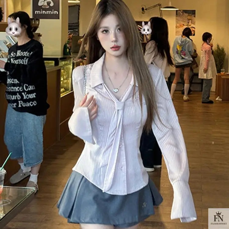 Striped Fitted Shirt Top With Tie - Fashionnsio