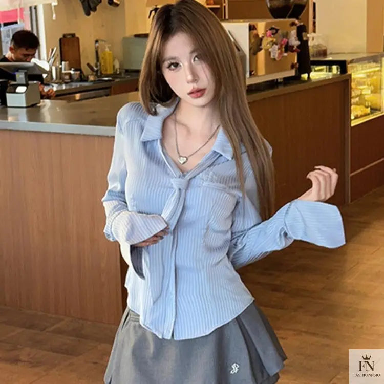 Striped Fitted Shirt Top With Tie - Fashionnsio