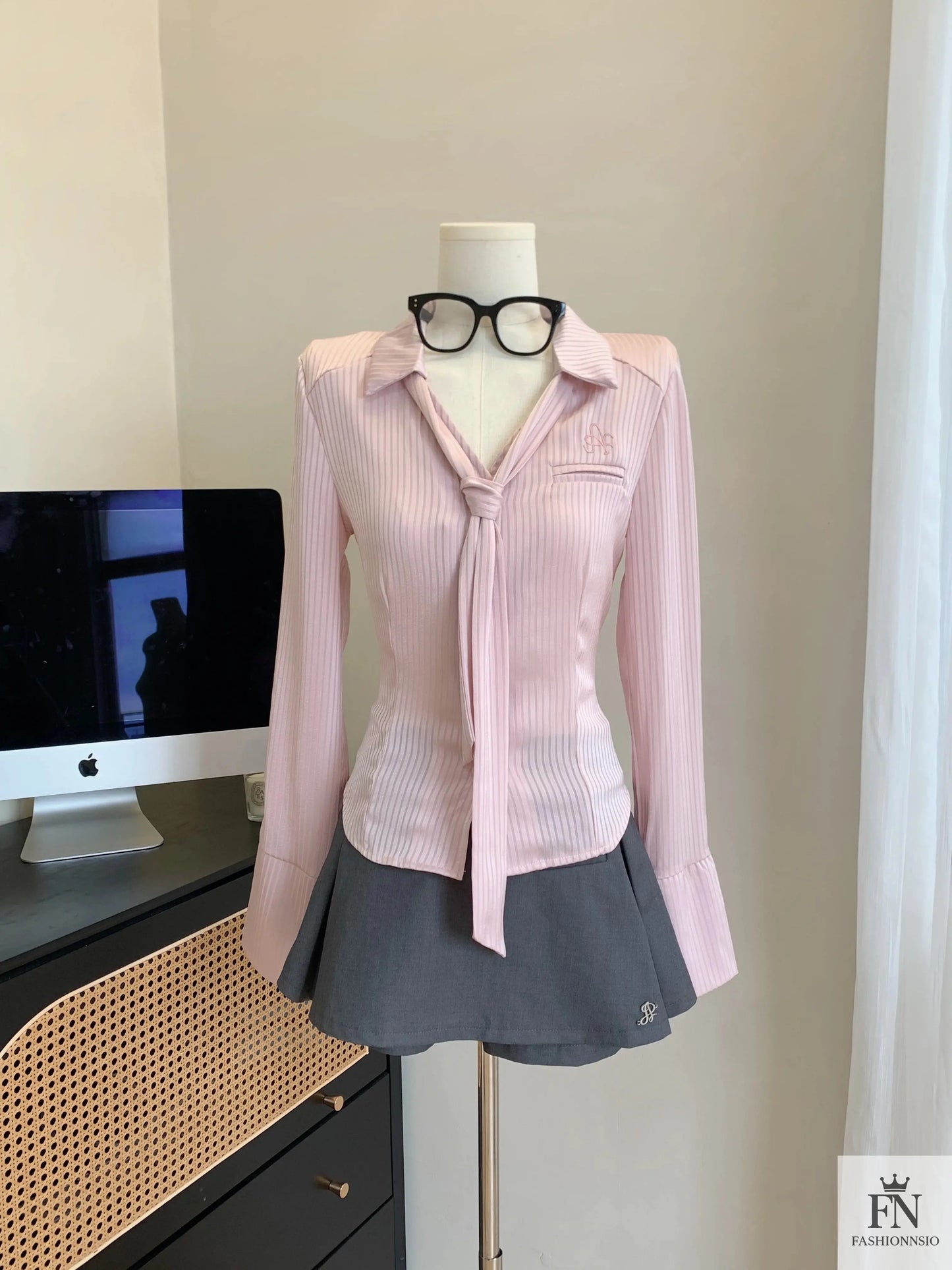 Striped Fitted Shirt Top With Tie - Fashionnsio