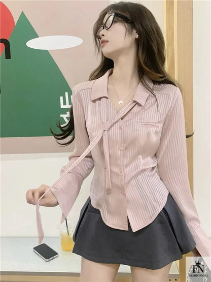 Striped Fitted Shirt Top With Tie - Fashionnsio