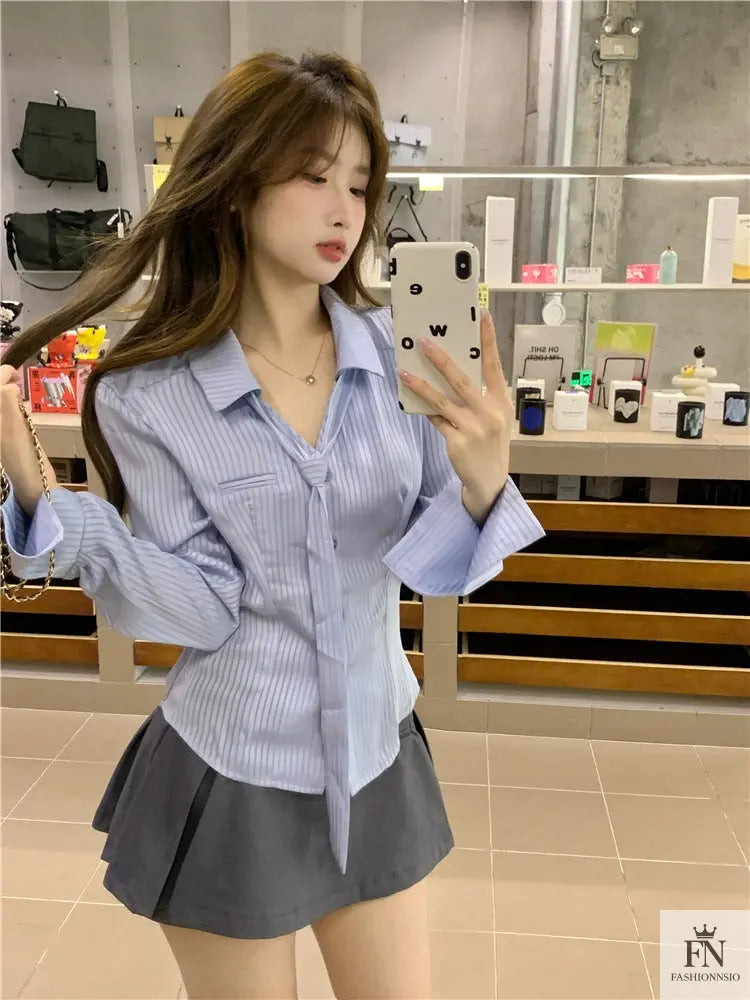 Striped Fitted Shirt Top With Tie - Fashionnsio