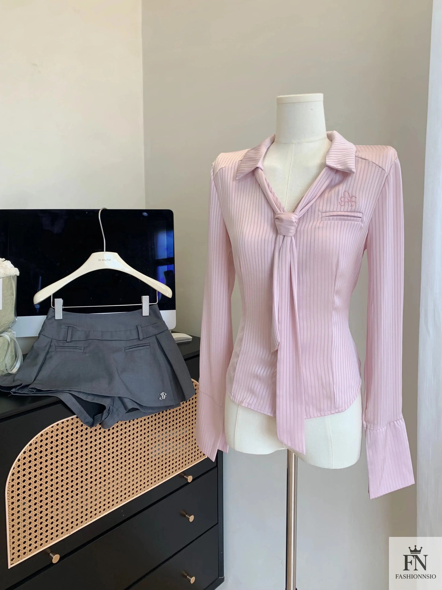 Striped Fitted Shirt Top With Tie - Fashionnsio