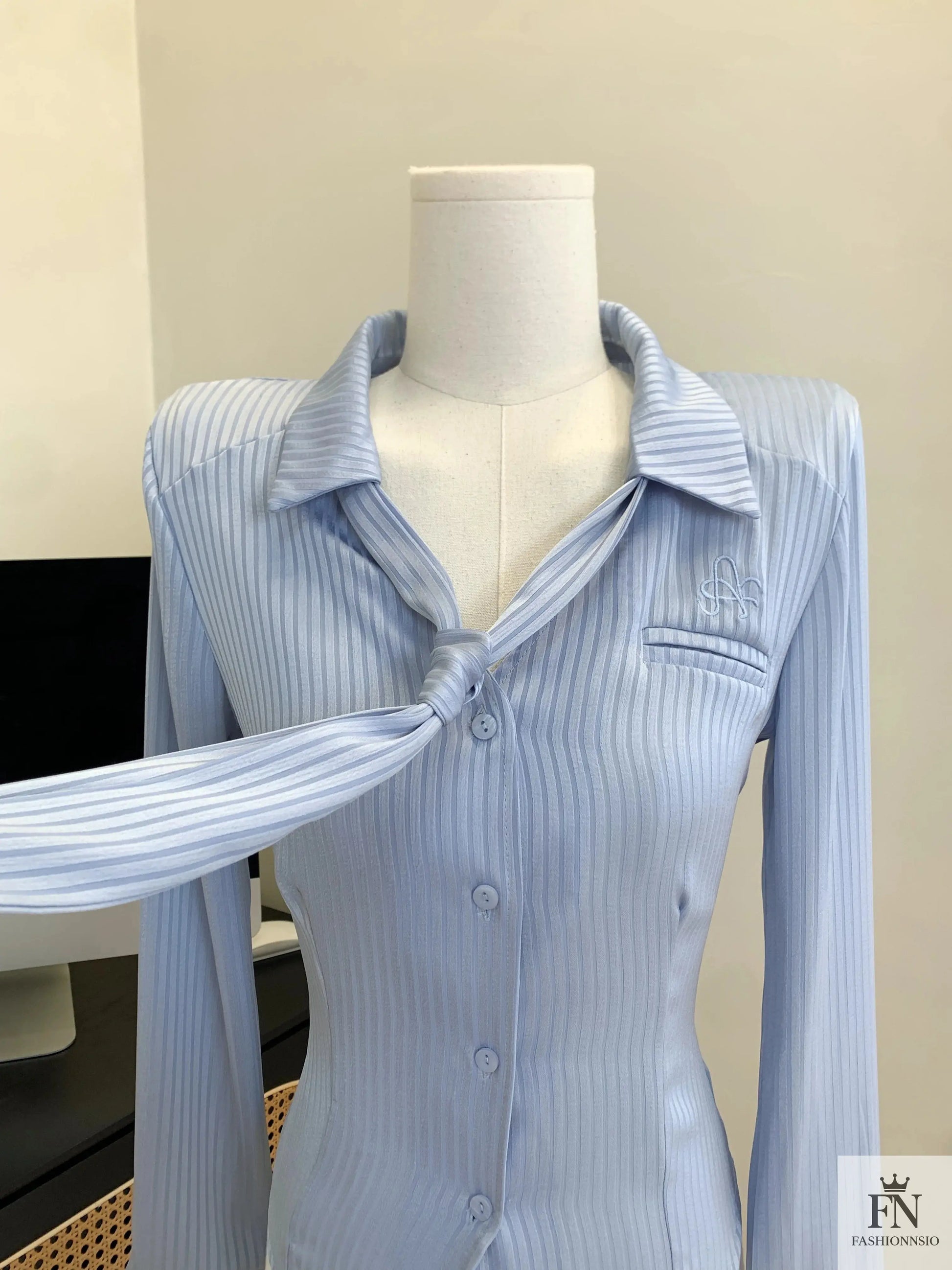 Striped Fitted Shirt Top With Tie - Fashionnsio