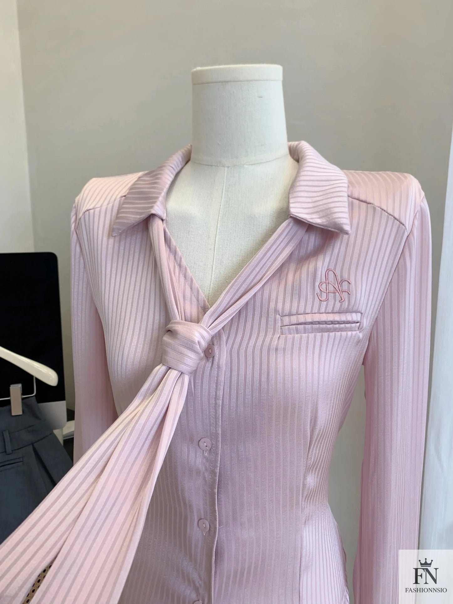 Striped Fitted Shirt Top With Tie - Fashionnsio