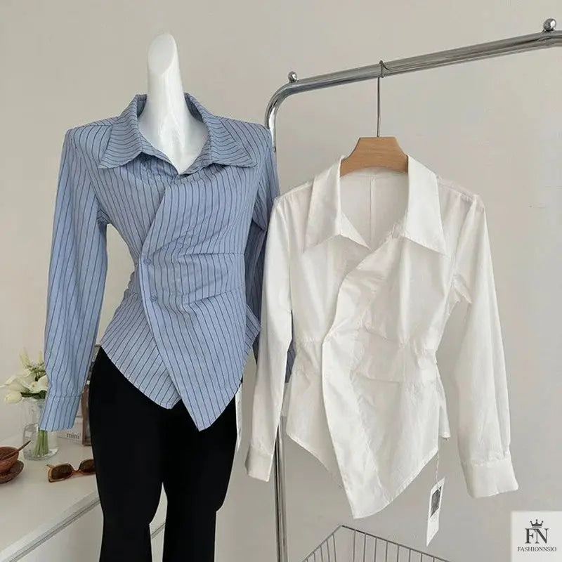 Striped Irregular Waist Fitted Shirts - Fashionnsio