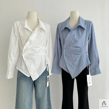 Striped Irregular Waist Fitted Shirts - Fashionnsio