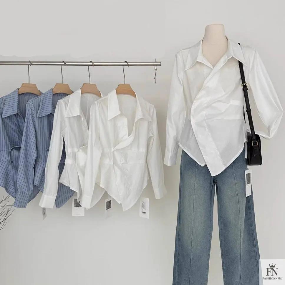Striped Irregular Waist Fitted Shirts - Fashionnsio