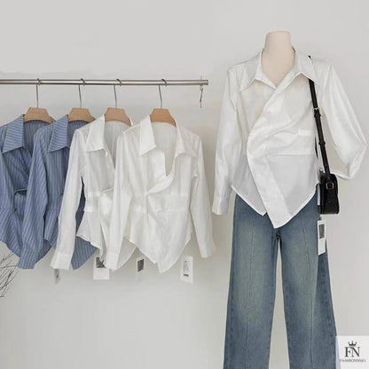 Striped Irregular Waist Fitted Shirts - Fashionnsio