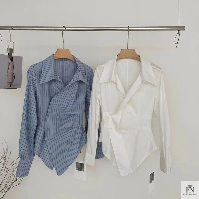 Striped Irregular Waist Fitted Shirts - Fashionnsio