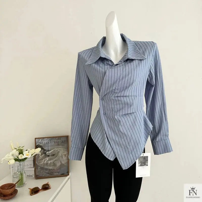 Striped Irregular Waist Fitted Shirts - Fashionnsio