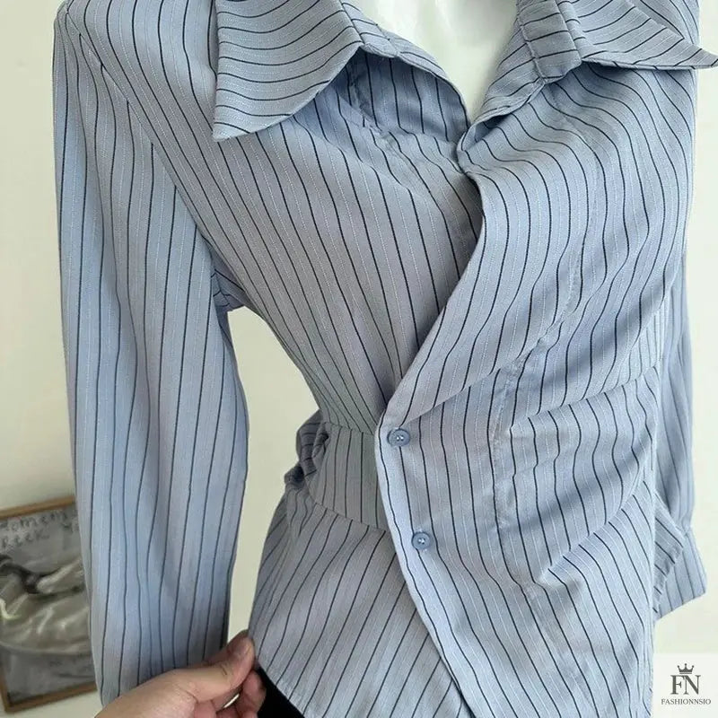 Striped Irregular Waist Fitted Shirts - Fashionnsio
