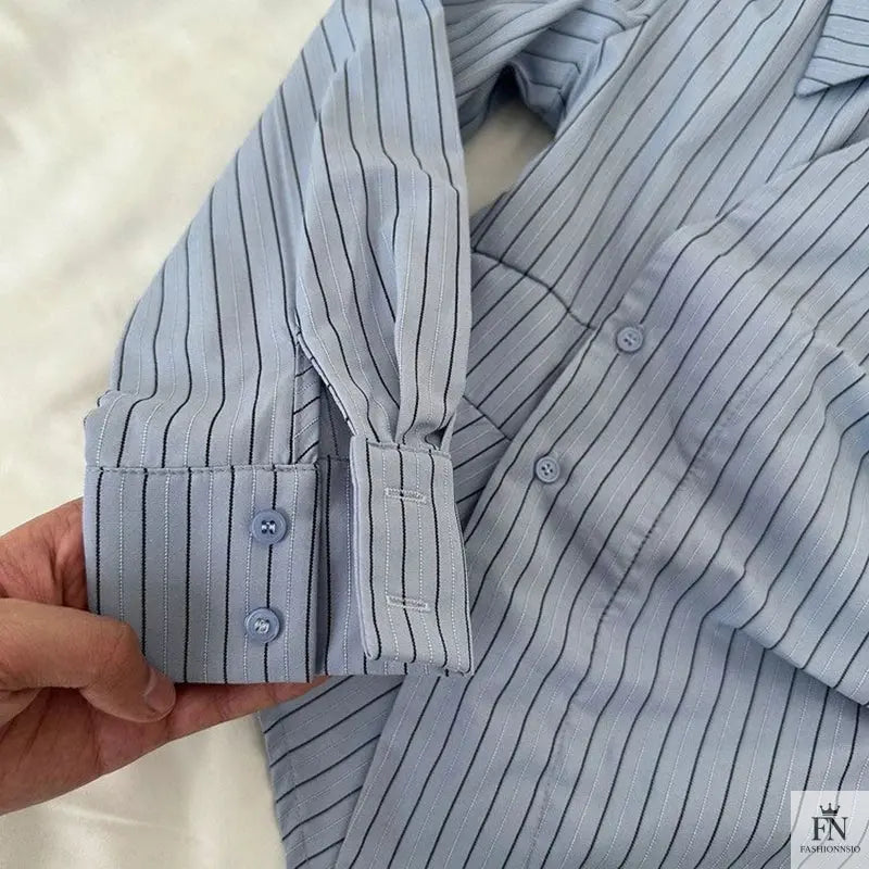 Striped Irregular Waist Fitted Shirts - Fashionnsio