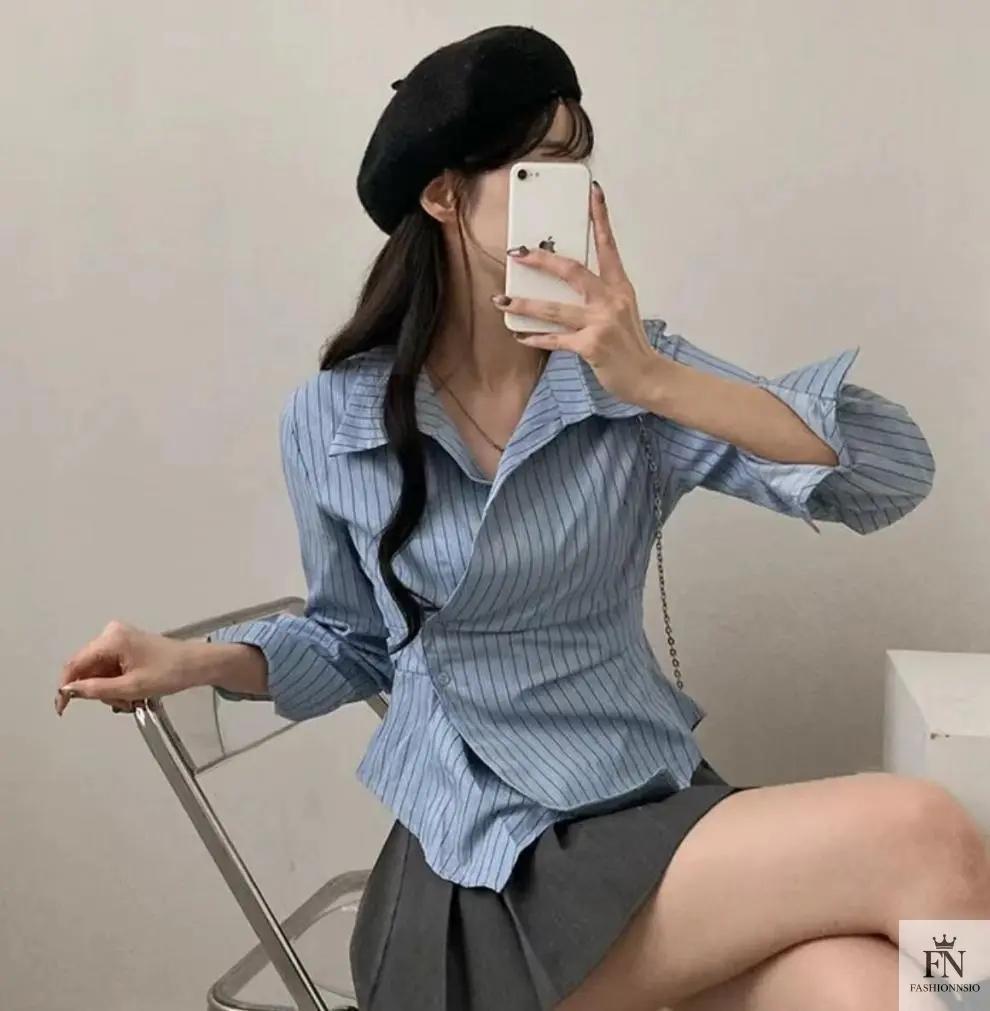 Striped Irregular Waist Slim Shirts - Fashionnsio