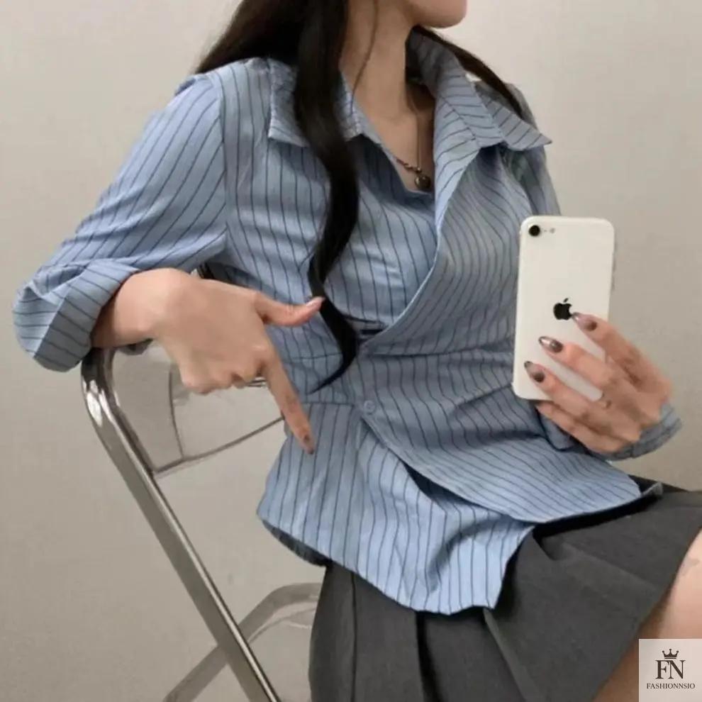 Striped Irregular Waist Slim Shirts - Fashionnsio