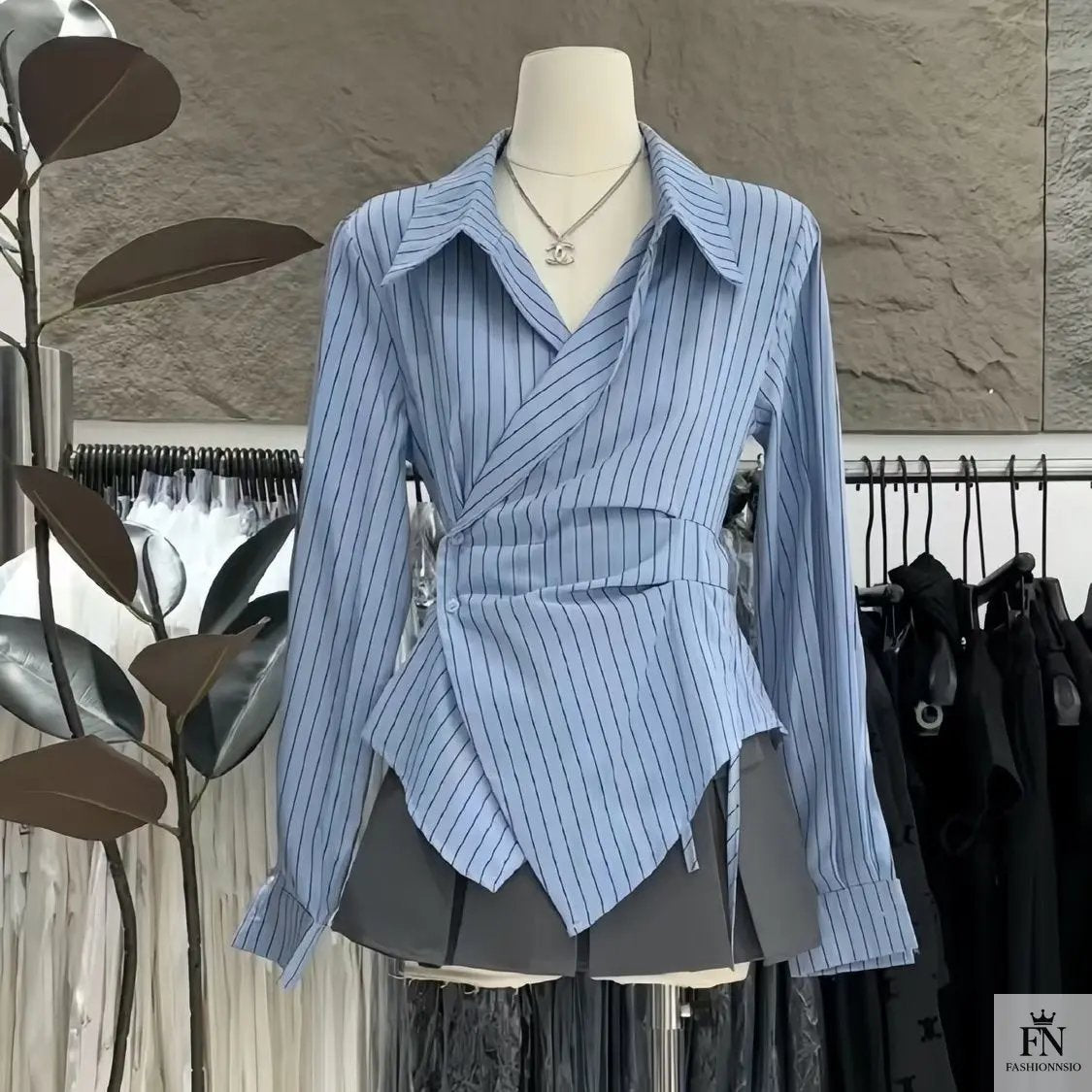 Striped Irregular Waist Slim Shirts - Fashionnsio
