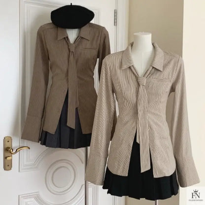 Striped Women Shirt With Tie - Fashionnsio