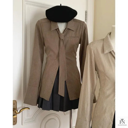 Striped Women Shirt With Tie - Fashionnsio