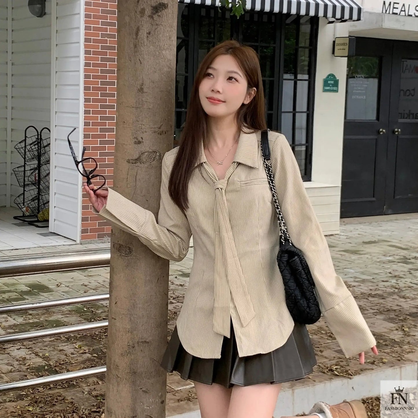 Striped Women Shirt With Tie - Fashionnsio