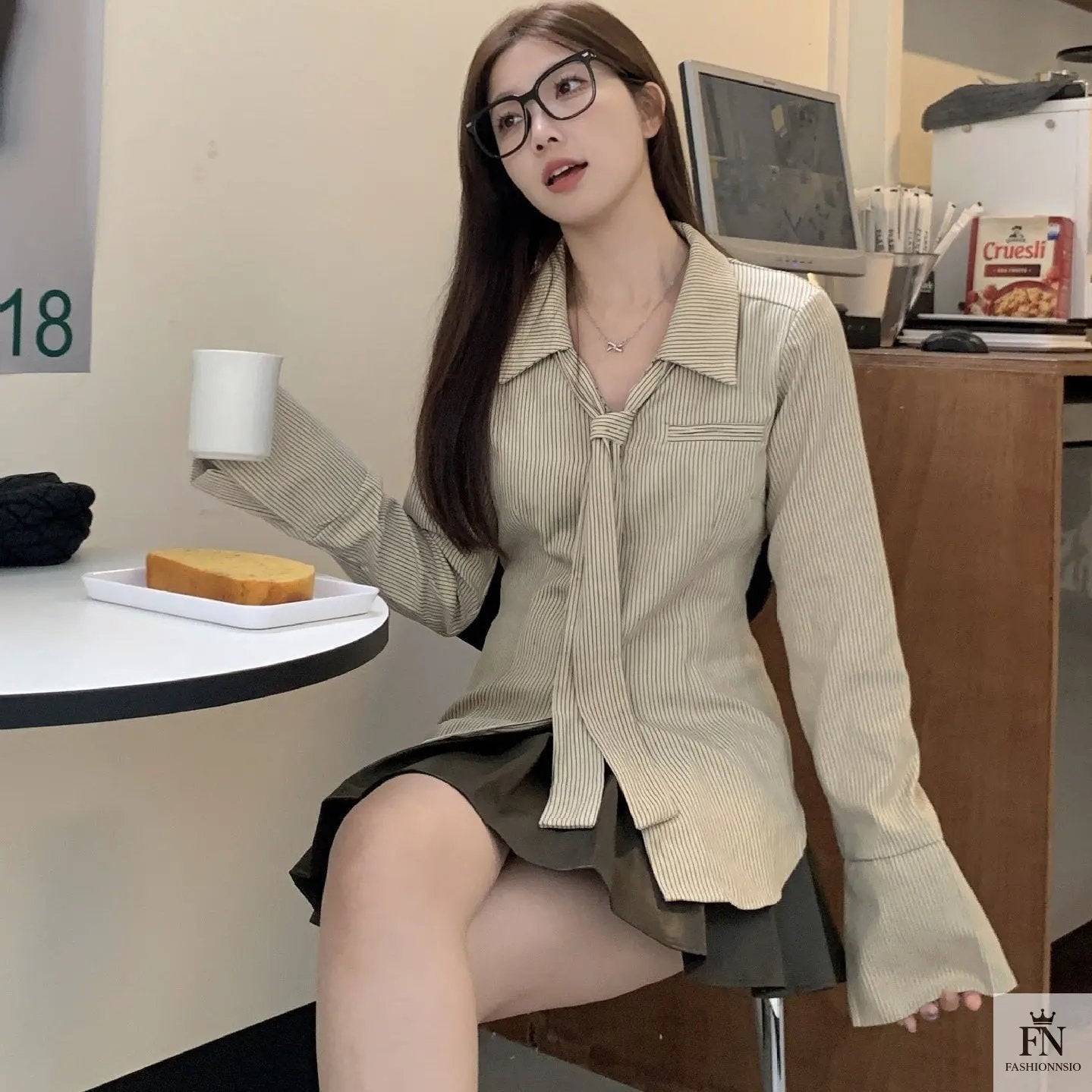 Striped Women Shirt With Tie - Fashionnsio