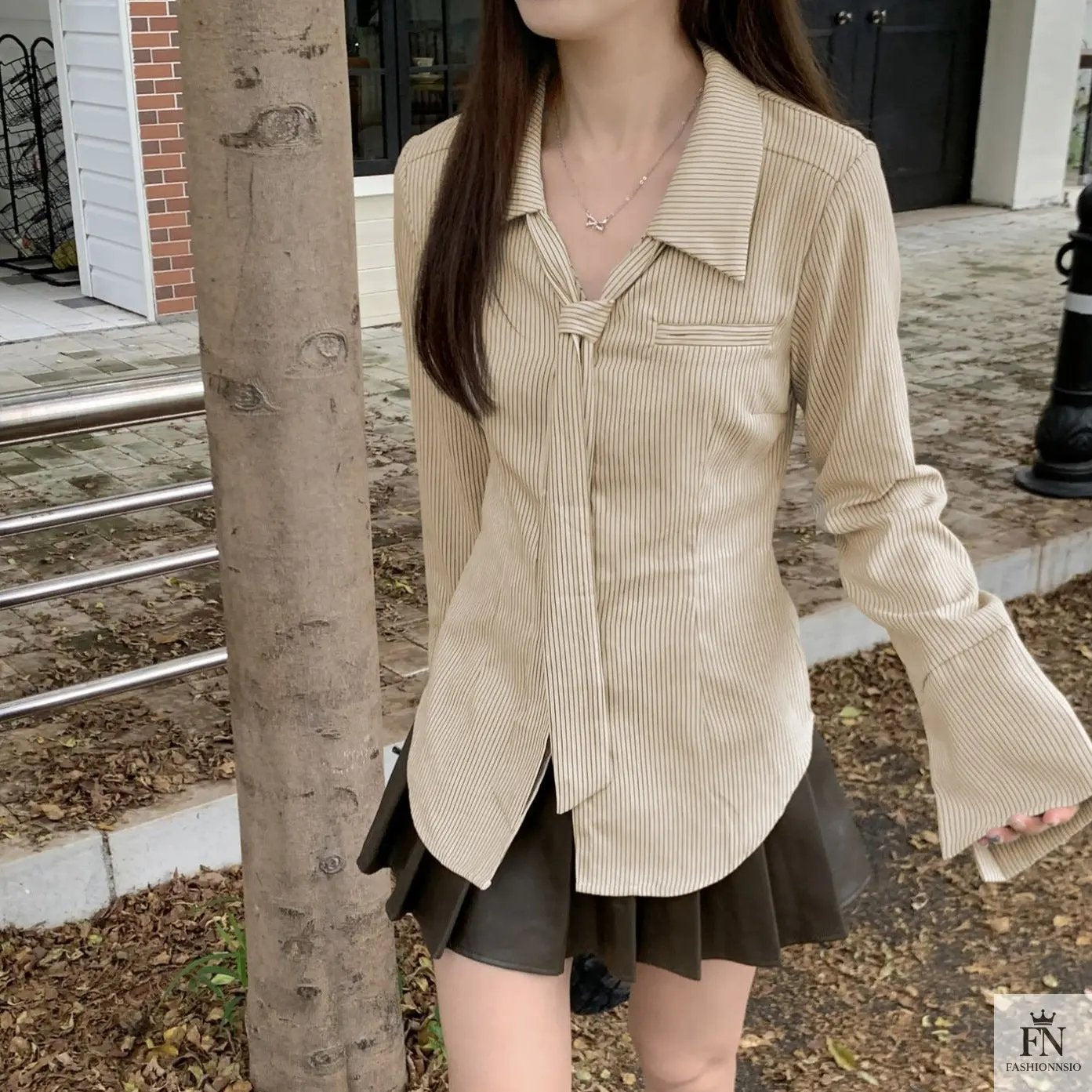 Striped Women Shirt With Tie - Fashionnsio