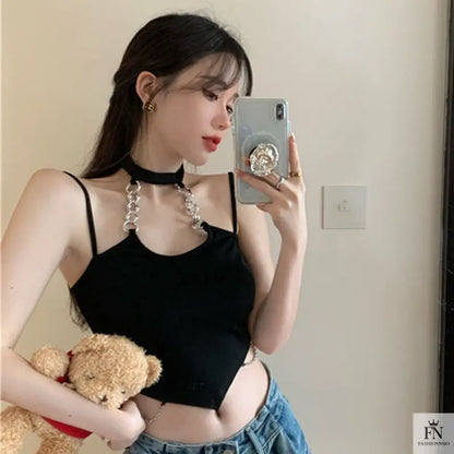 Halter Chain Hollow Crop Top - Fashionnsio