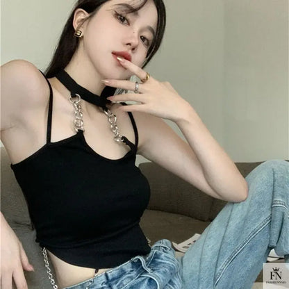 Halter Chain Hollow Crop Top - Fashionnsio