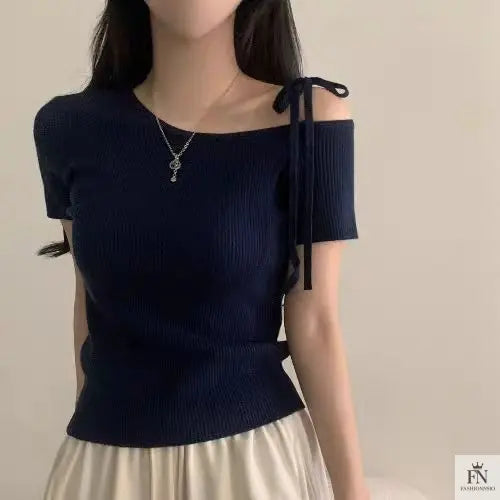 Bow Strap Ribbed One Shoulder Top - Fashionnsio